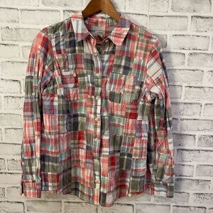 Women’s L.L. Bean blue, white, green & pink plaid button down shirt Medium